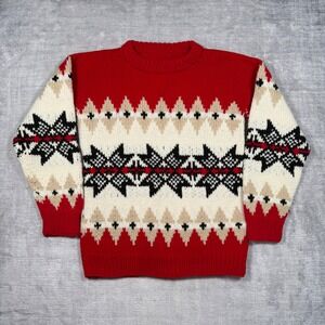 Vintage Handknit Sweater Youth Large Red Nordic Snowflake Fair Isle Ski